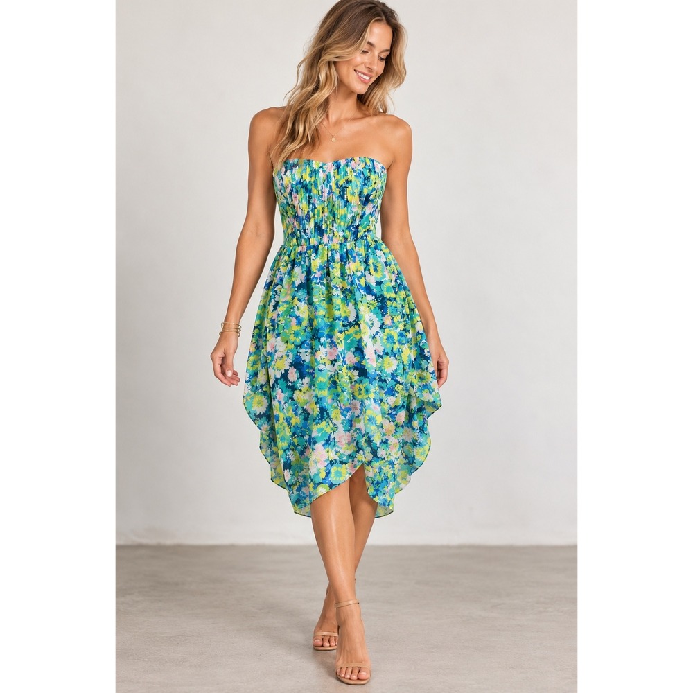 Floral Strapless High Low Midi Dress Teal Green Yellow Smocked DR-15738-G